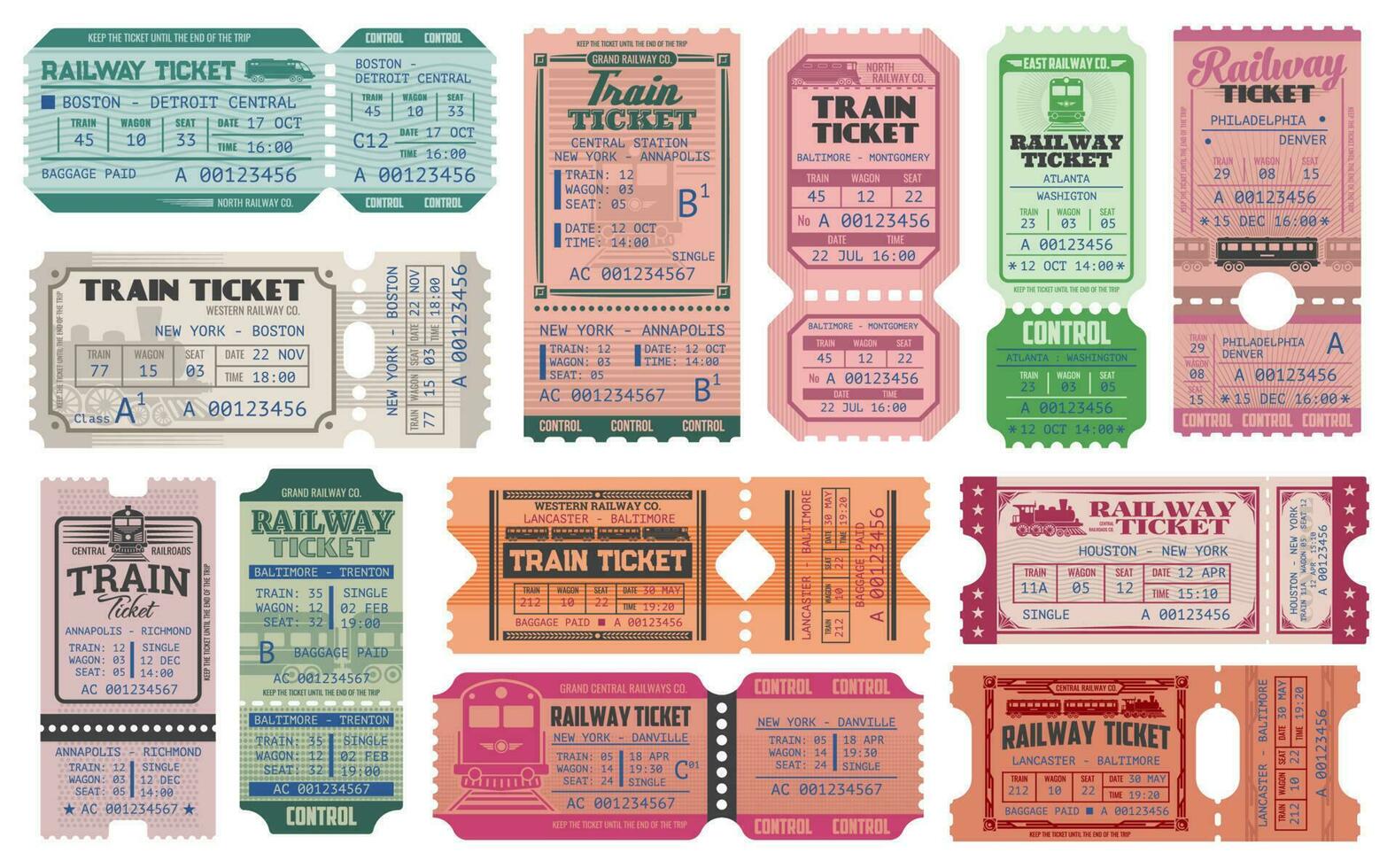 Railway and train retro tickets, admits vector