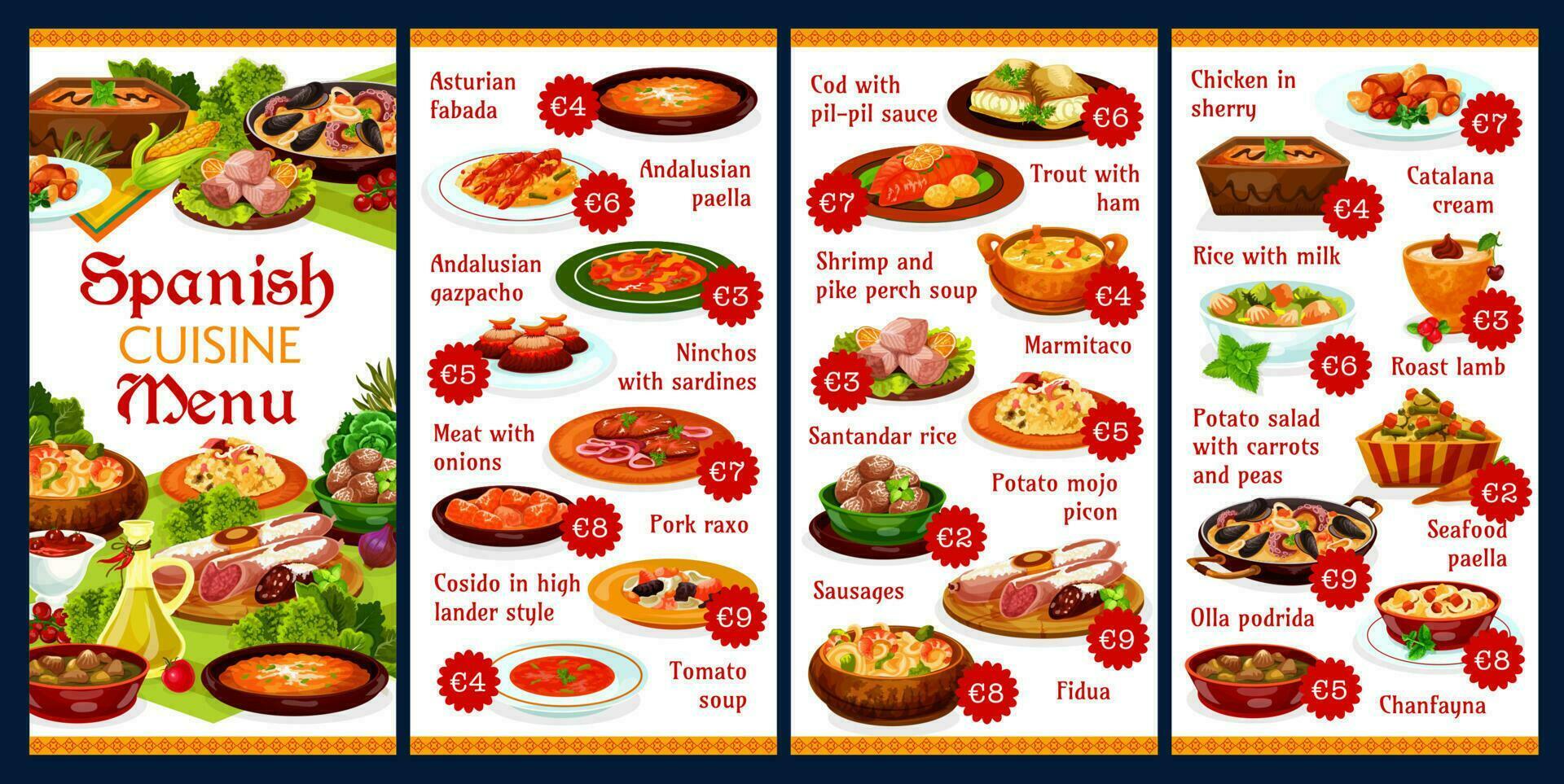 Spanish cuisine food menu or tapas, paella seafood vector