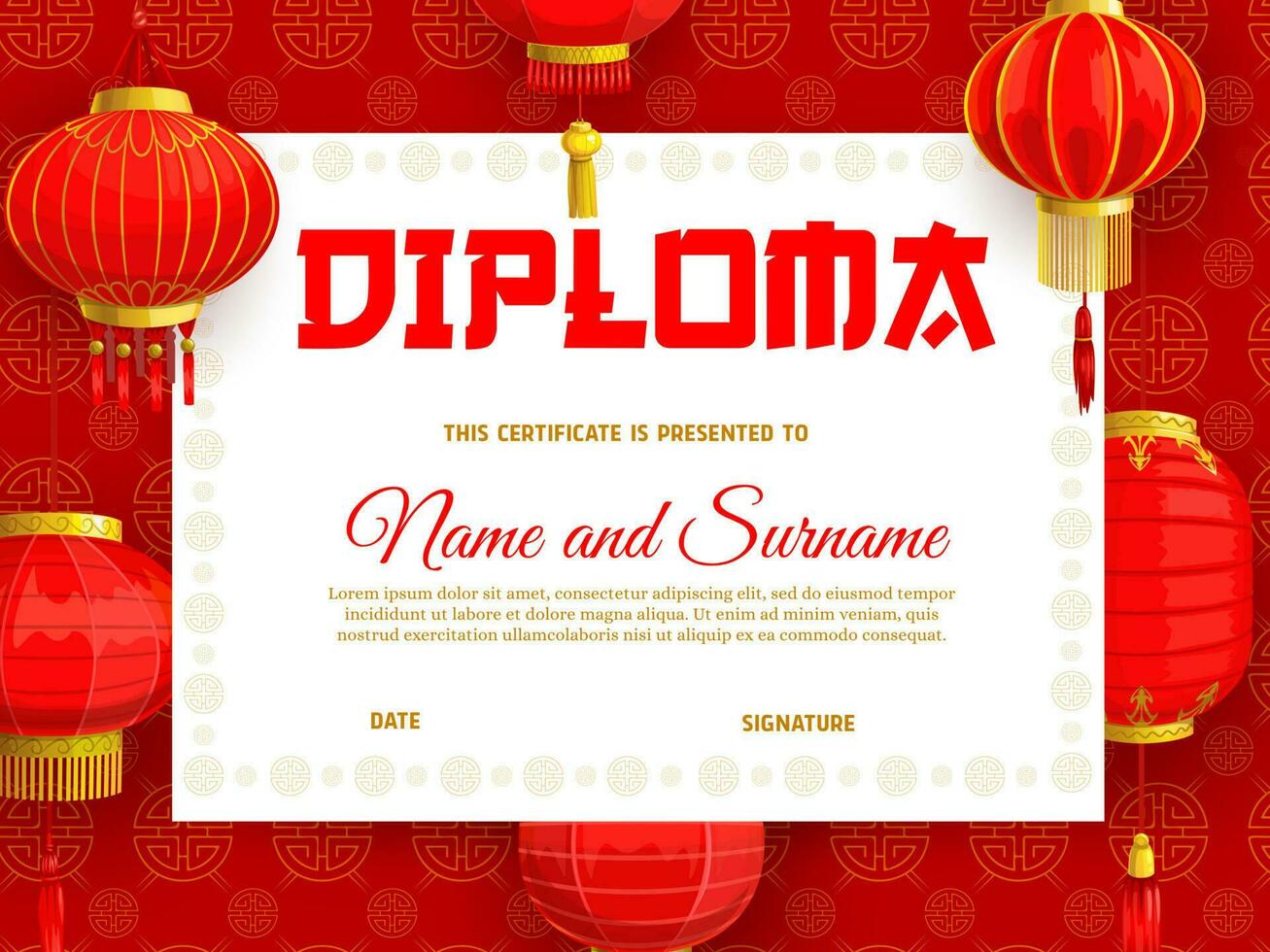 diploma modelo con chino nuevo año linternas vector