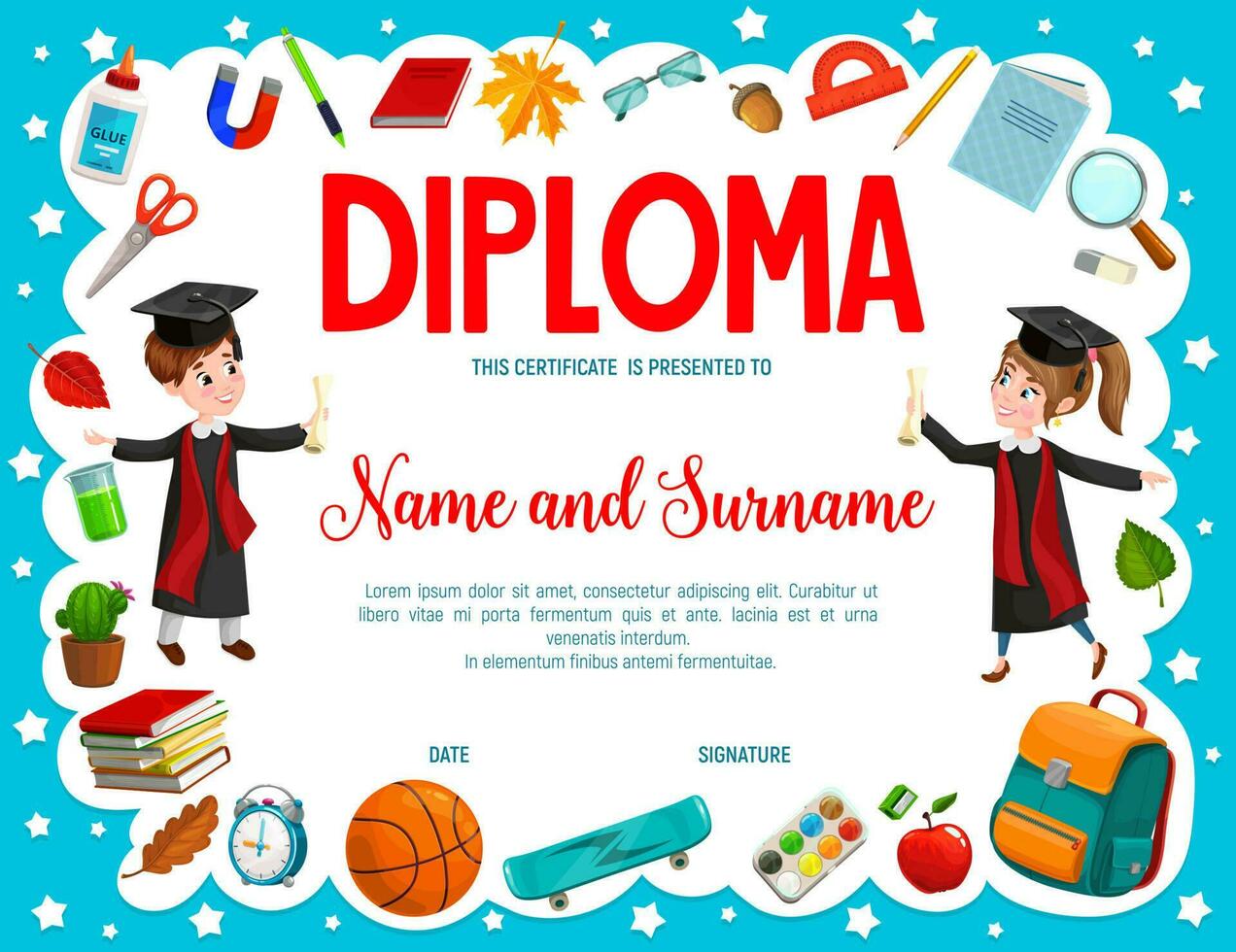 educación diploma con dibujos animados chico y niña alumnos vector