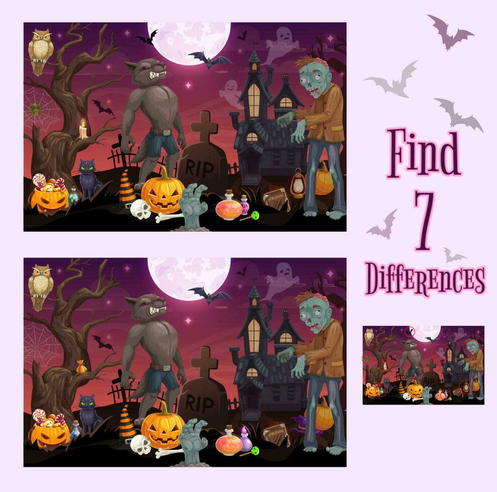 Kids game of find differences, Halloween monsters vector