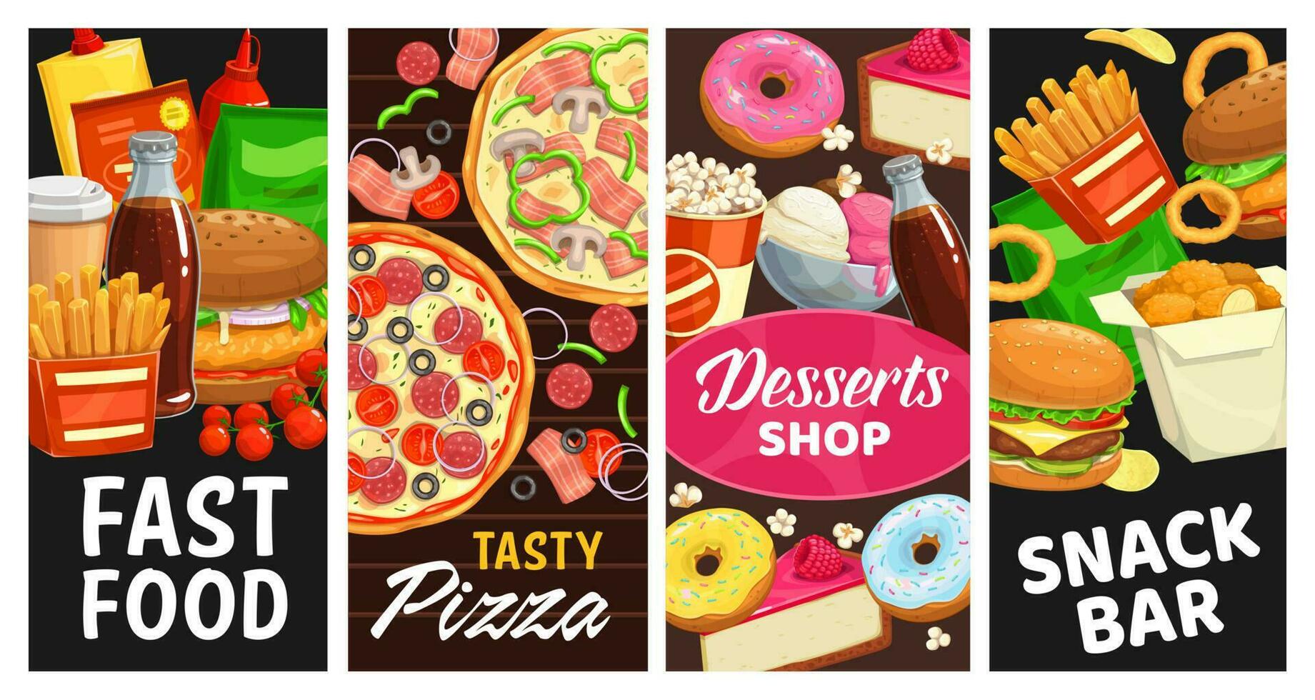 Fast food snack bar desserts meals vector banners