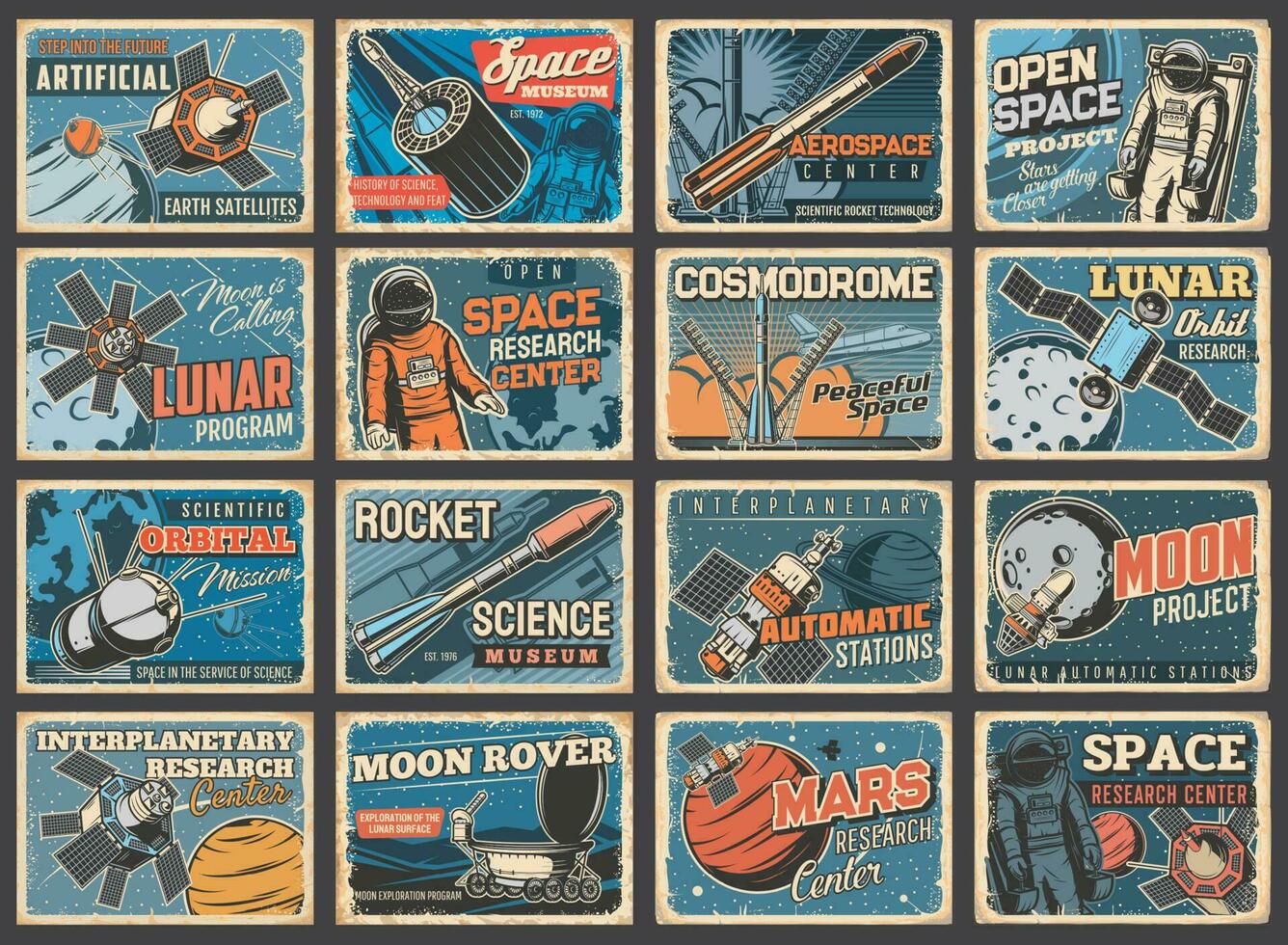 Galaxy, spaceship and outer space vintage posters vector