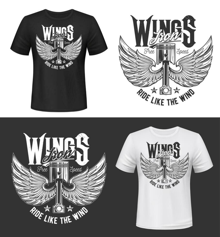 Tshirt print with winged car engine valve mockup vector