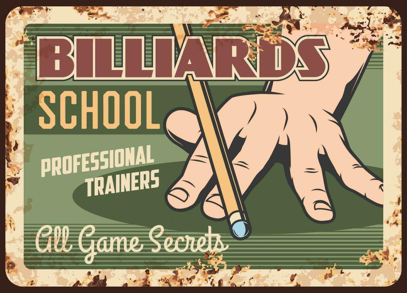 Billiards school metal plate rusty, pool snooker vector