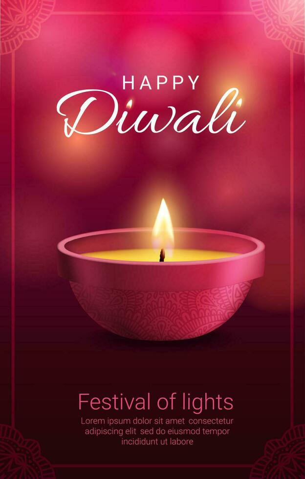 Diwali diya lamp with frame of rangoli decoration vector