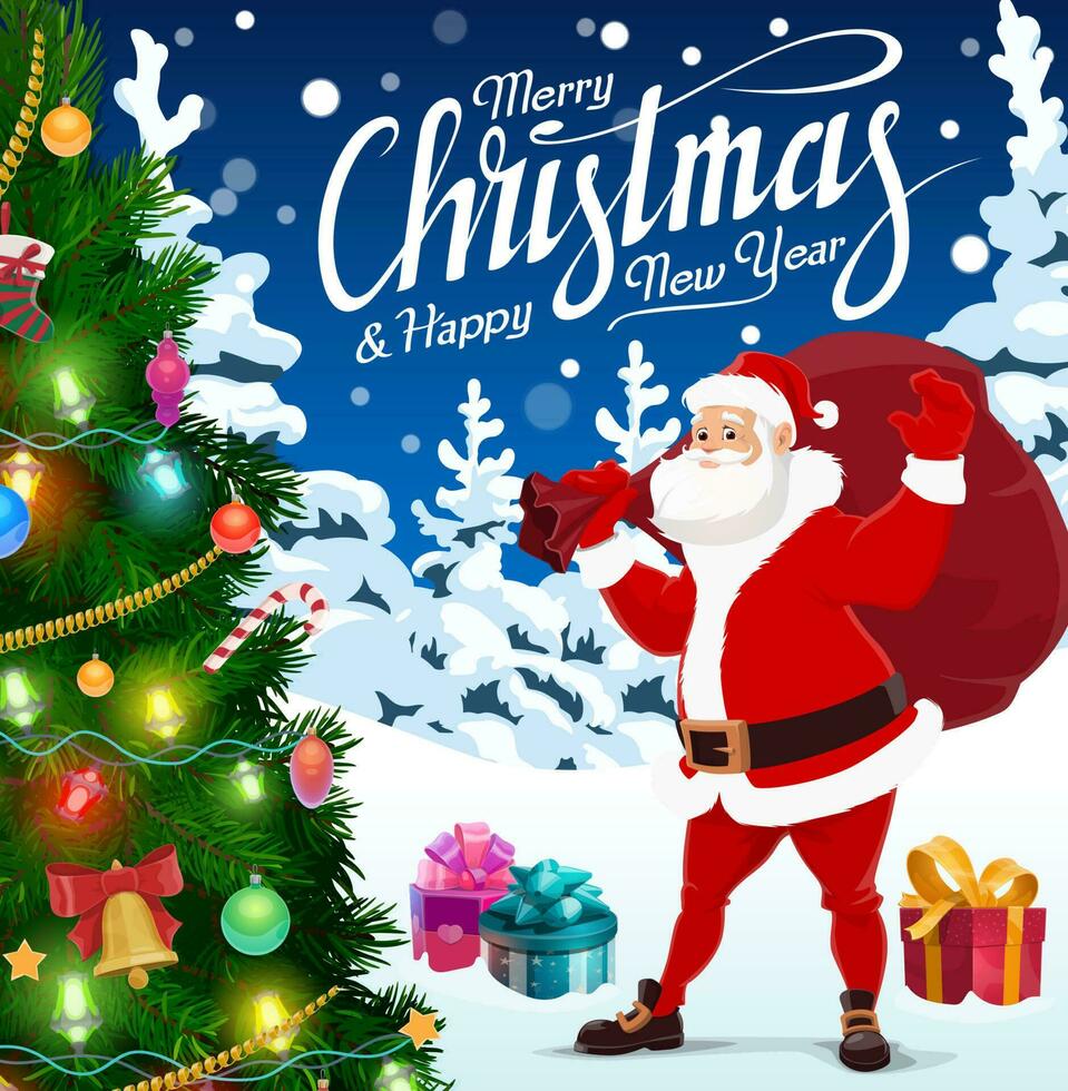 Santa with Christmas tree, Xmas and New Year gifts vector