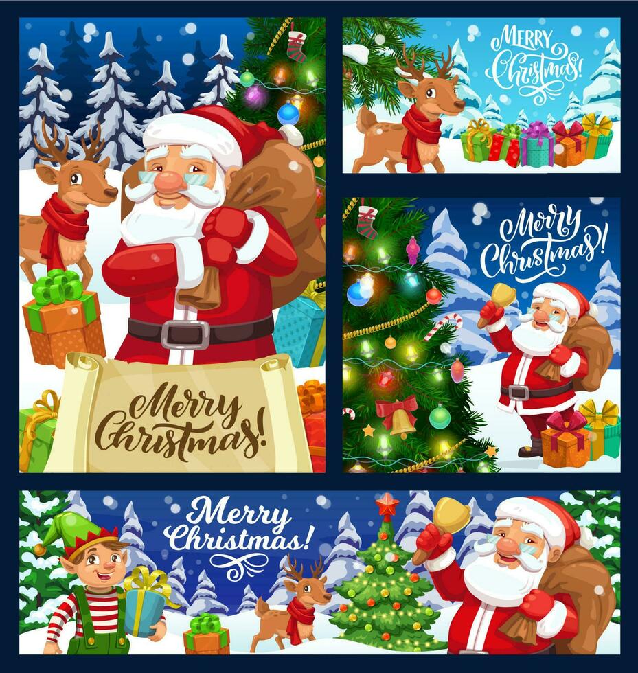 Xmas banners of Santa, elf and reindeer with gifts vector