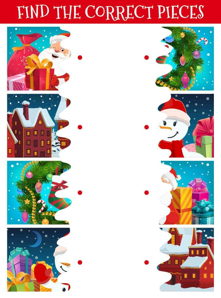 Kids Christmas puzzle, find correct piece game vector