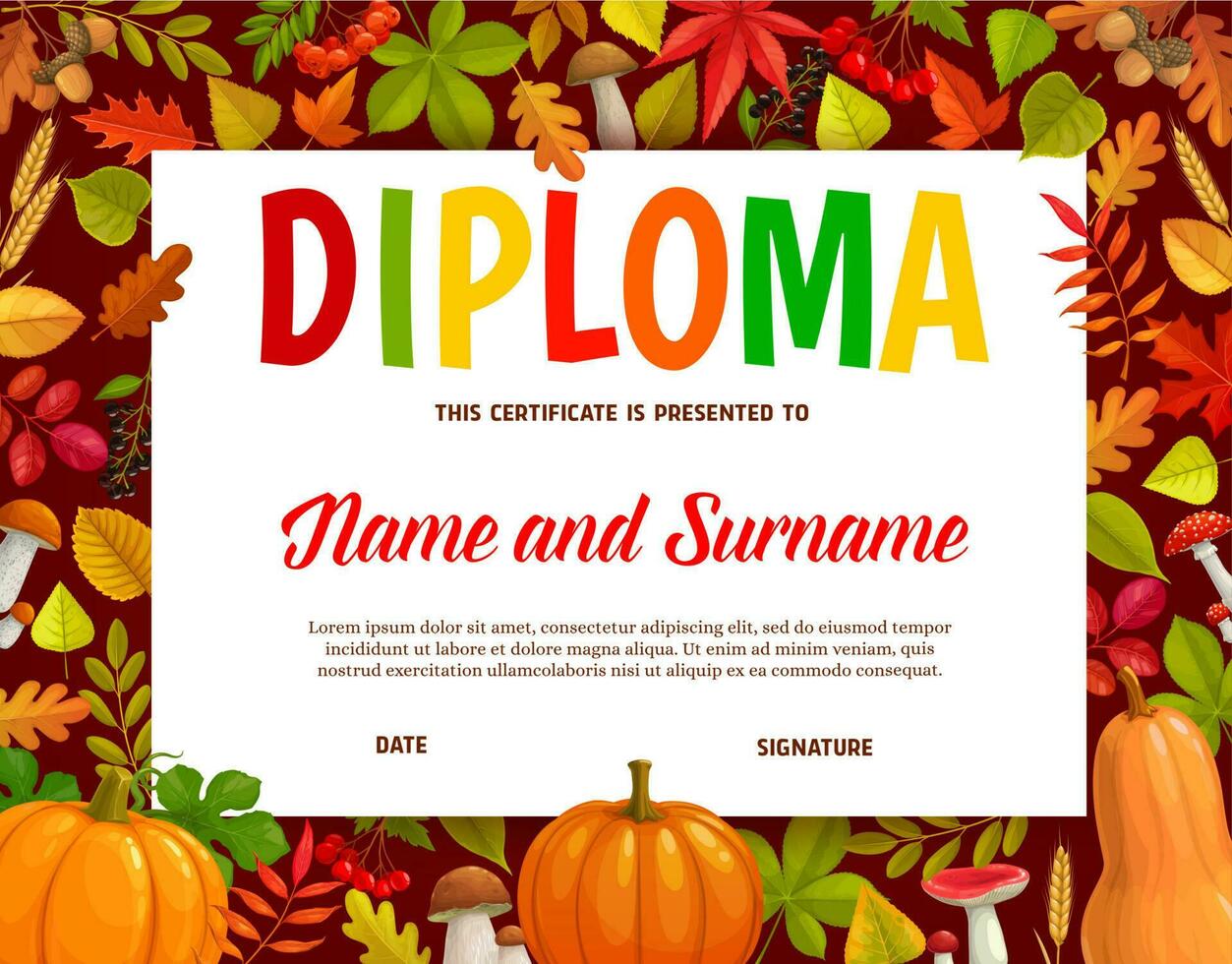 Kids diploma with thanksgiving butternut pumpkin vector