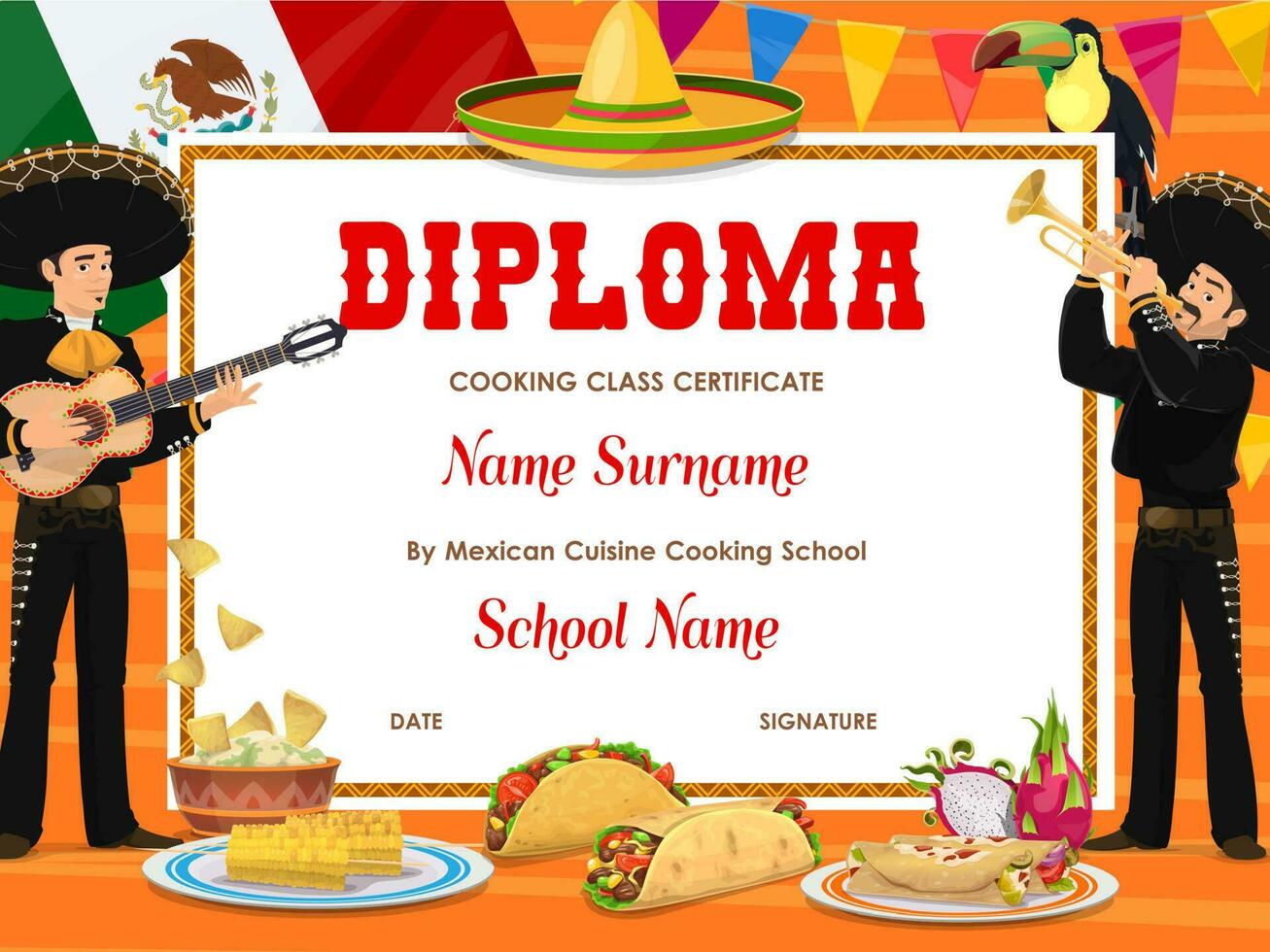 Cooking class diploma with Mexican food, mariachi vector