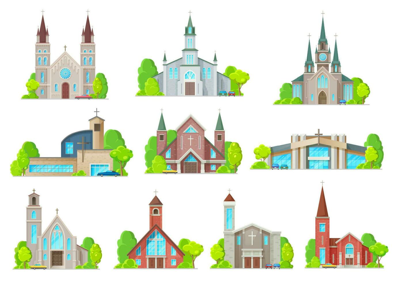 Catholic church buildings isolated vector icons