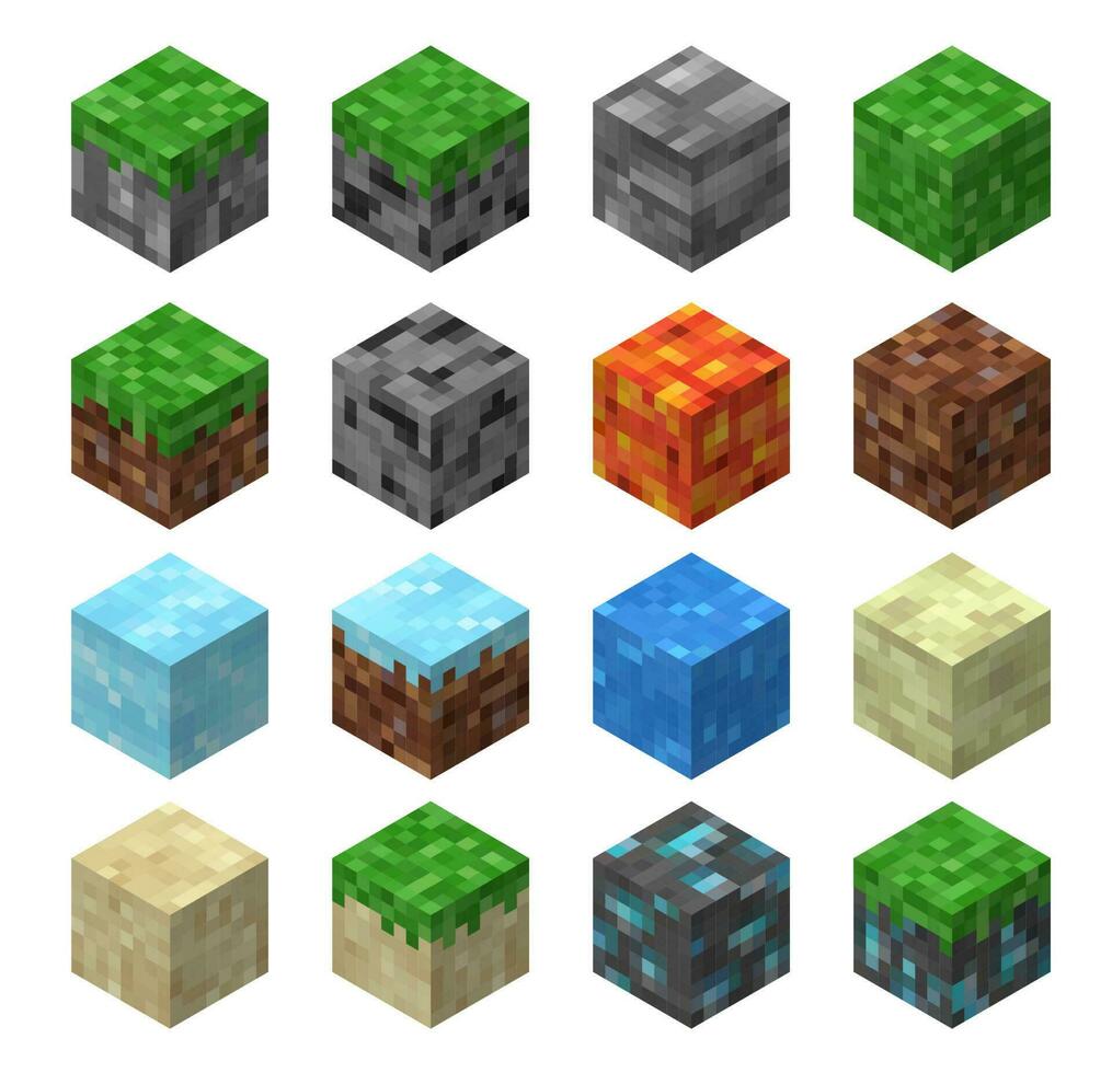 Pixel game blocks, grass, stone, ice, water, sand vector