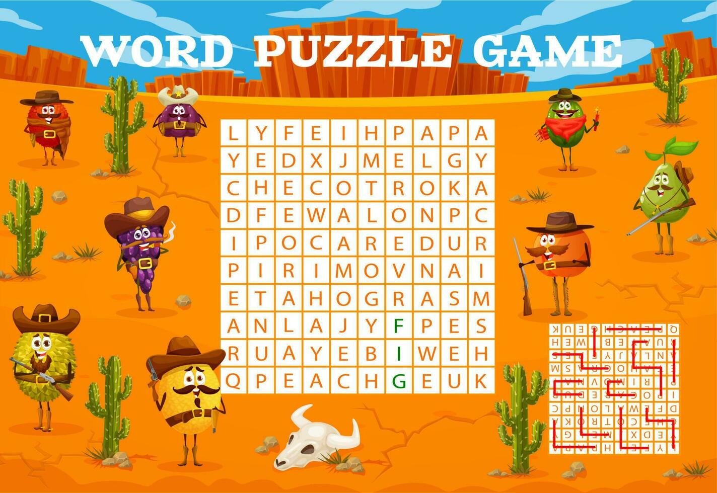 Wild West sheriff, cowboy fruits, word search game vector
