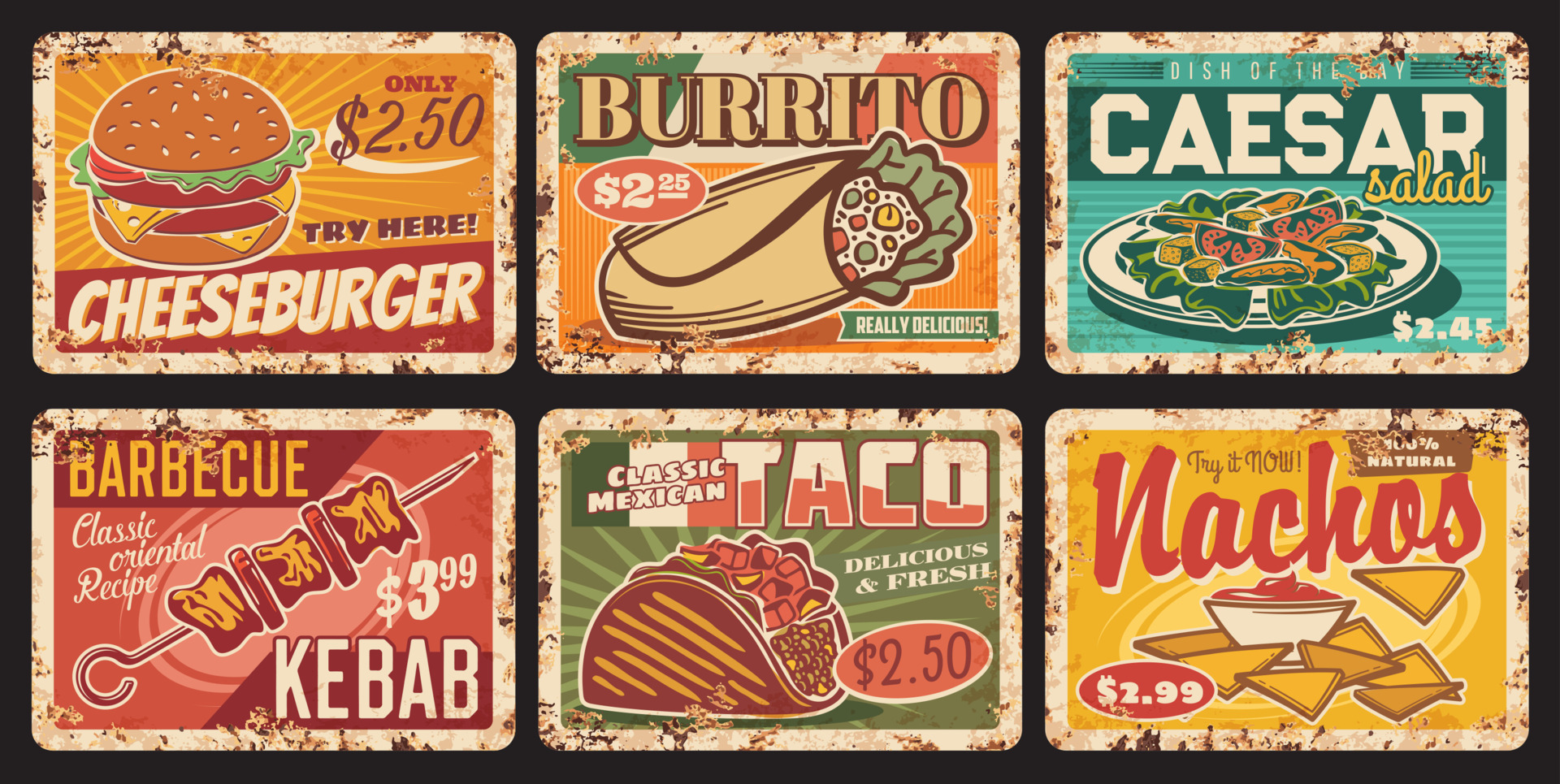 Fast Food Metal Plates Rusty Burgers Sandwiches 23839038 Vector Art fast-food-metal-plates-rusty-burgers-sandwiches-23839038-vector-art