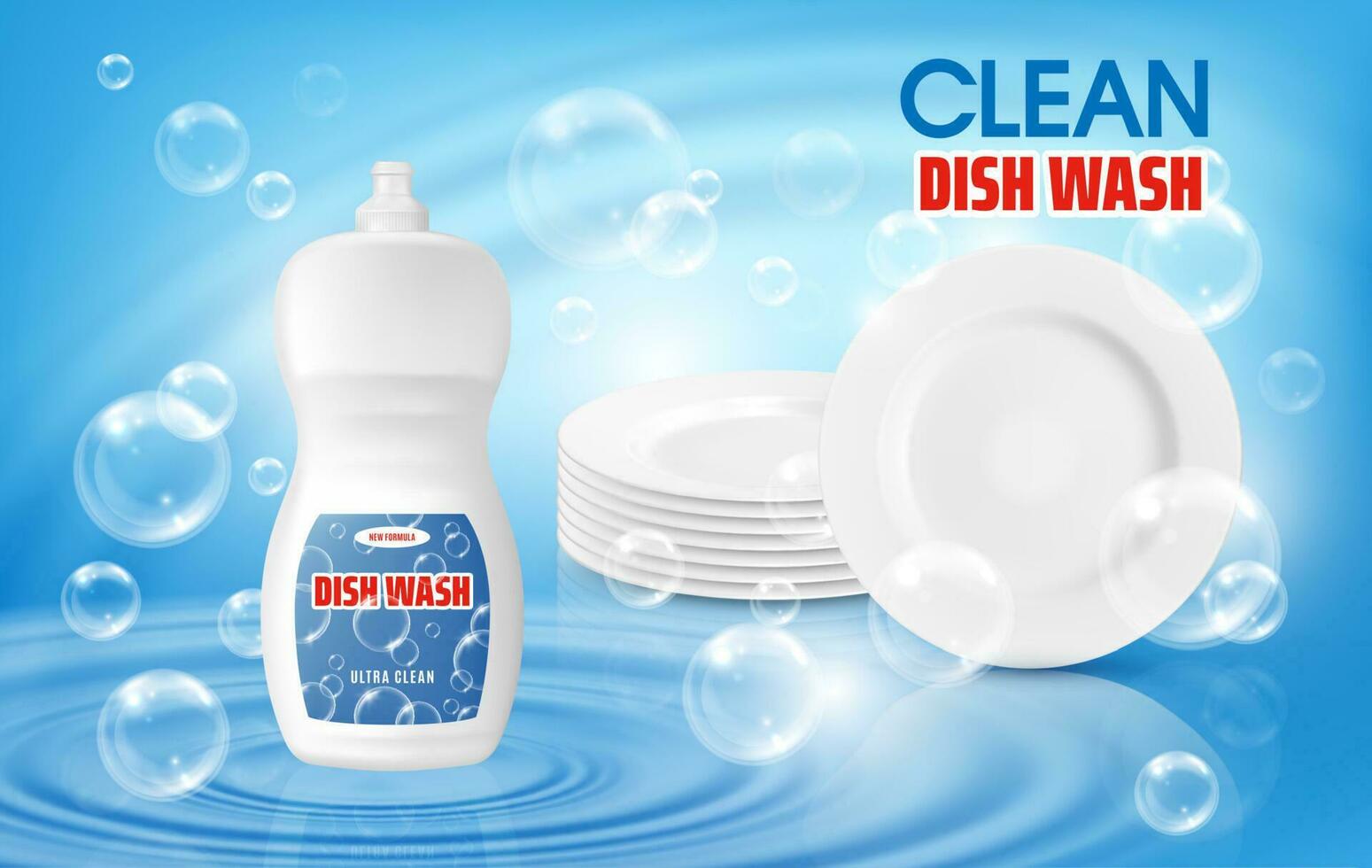 Dish wash liquid soap and clean plates ad poster vector