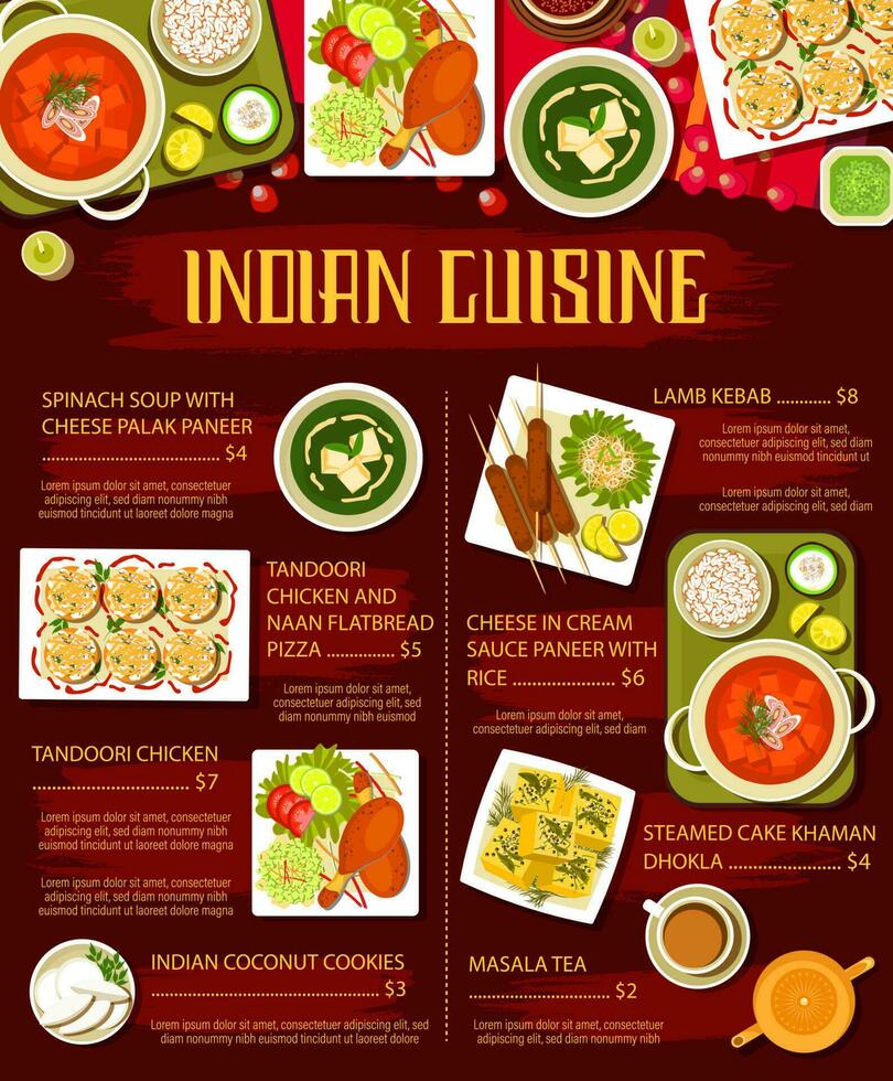 Indian food dishes with meat and vegetables menu vector