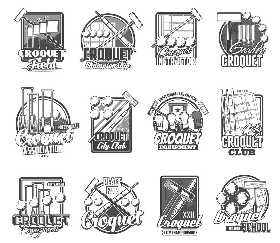 Croquet sport vector icons mallet, peg and balls