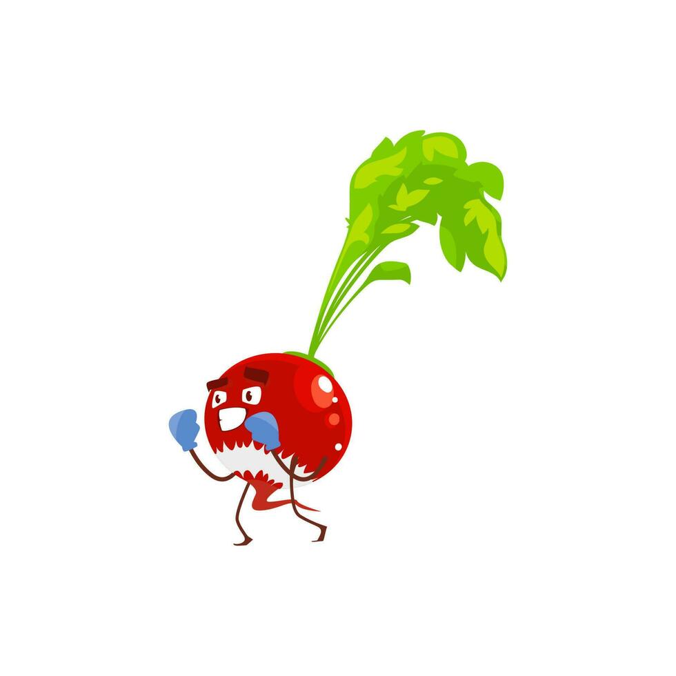 Cartoon radish vegetable plant in boxing gloves vector