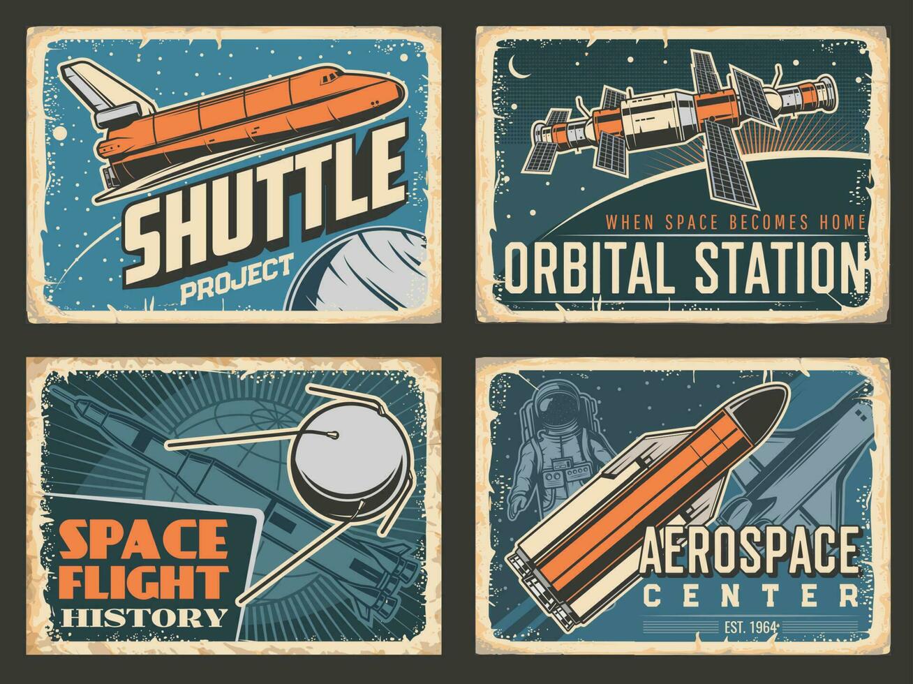 Space retro posters, orbital station and shuttle vector