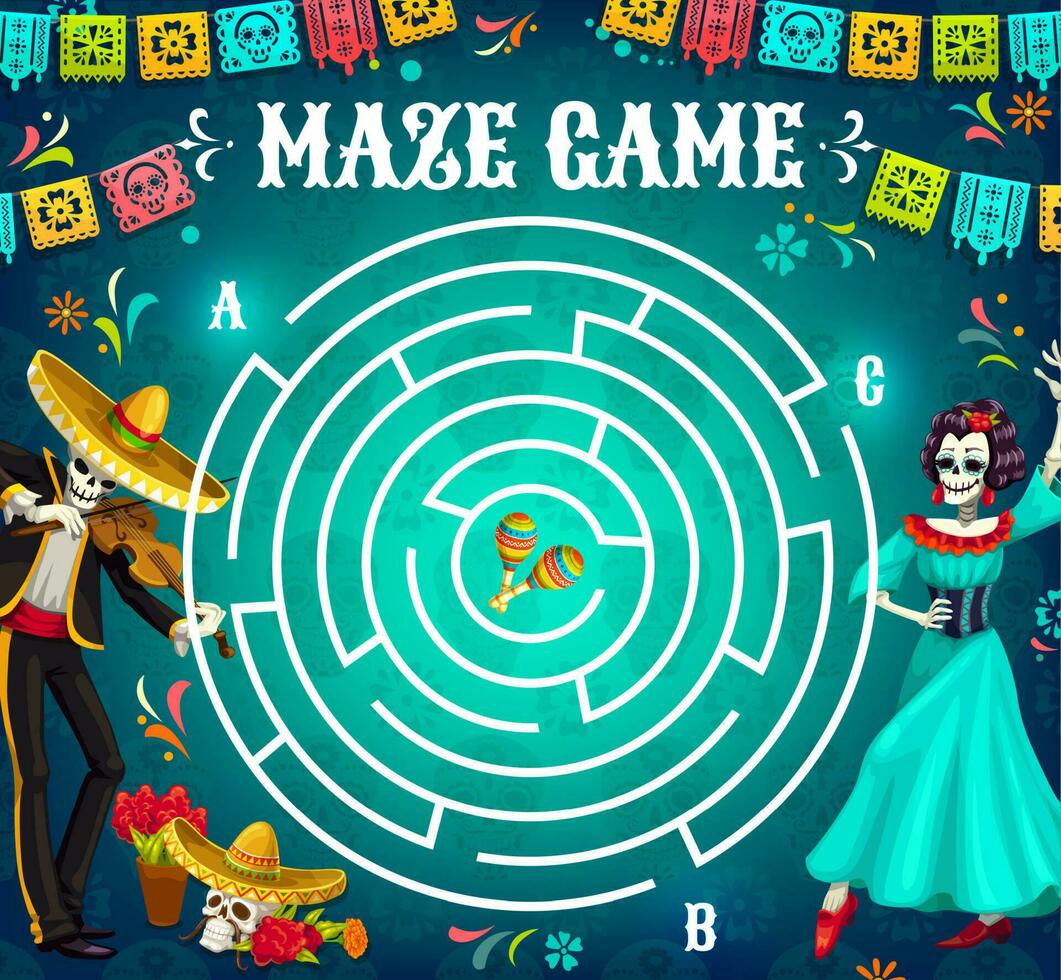 Labyrinth maze game, dia de los muertos holiday vector