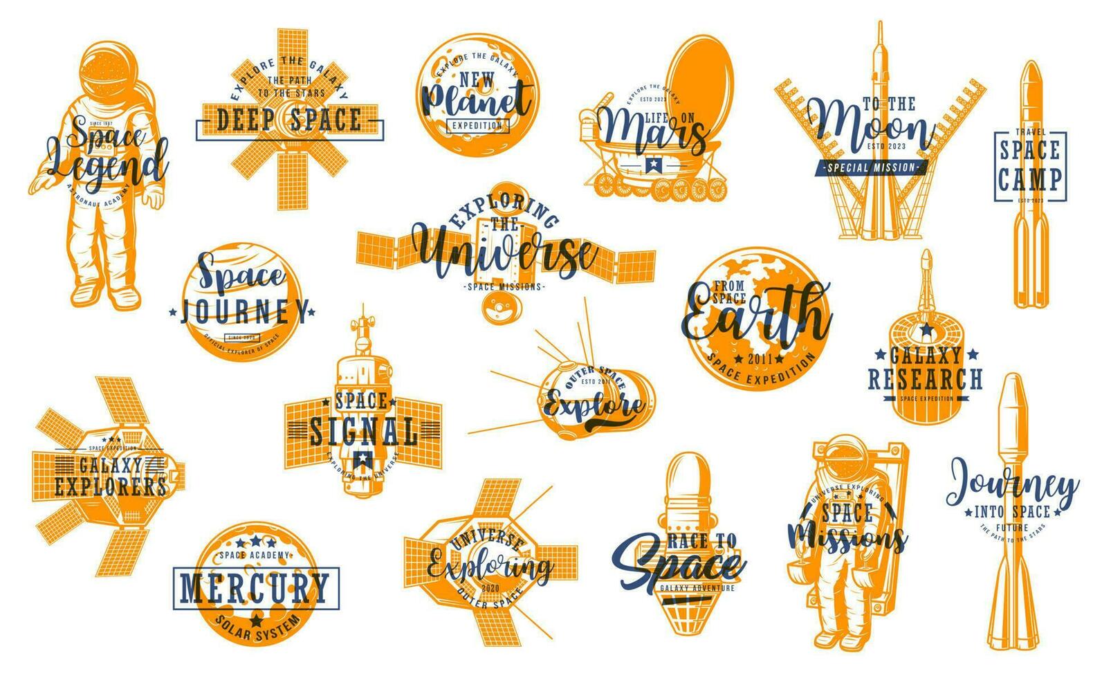Space and planets research technologies retro icon vector