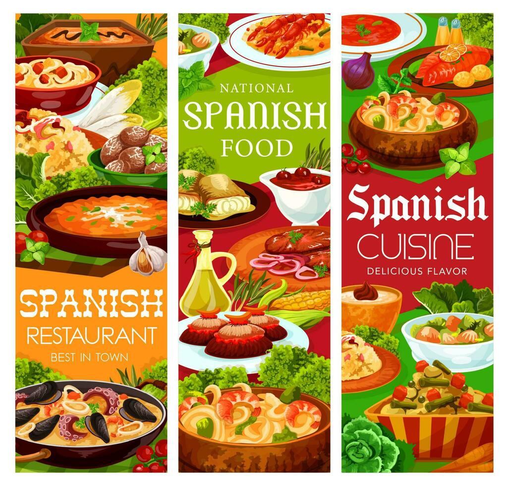 Spanish cuisine food menu paella seafood and tapas vector