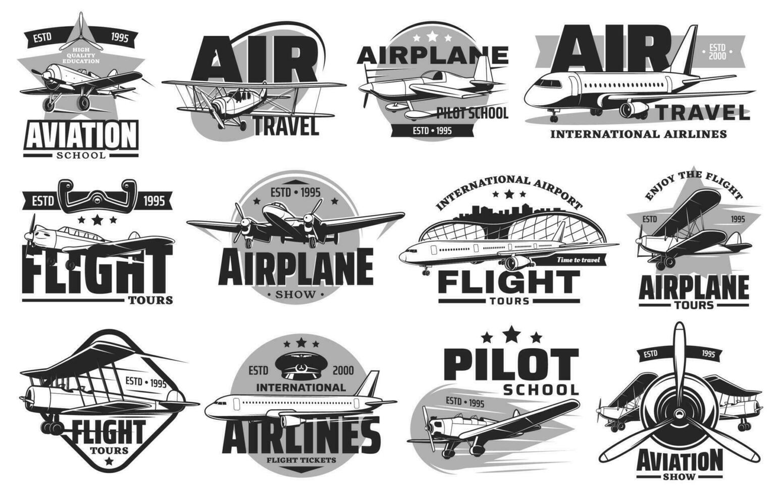 Pilot courses and flight tours vector icons set