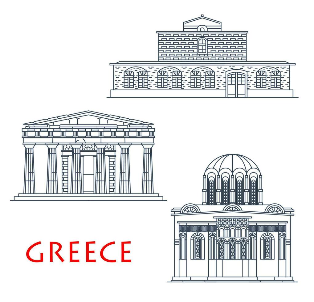 Greece buildings, antique Greek architecture icons vector