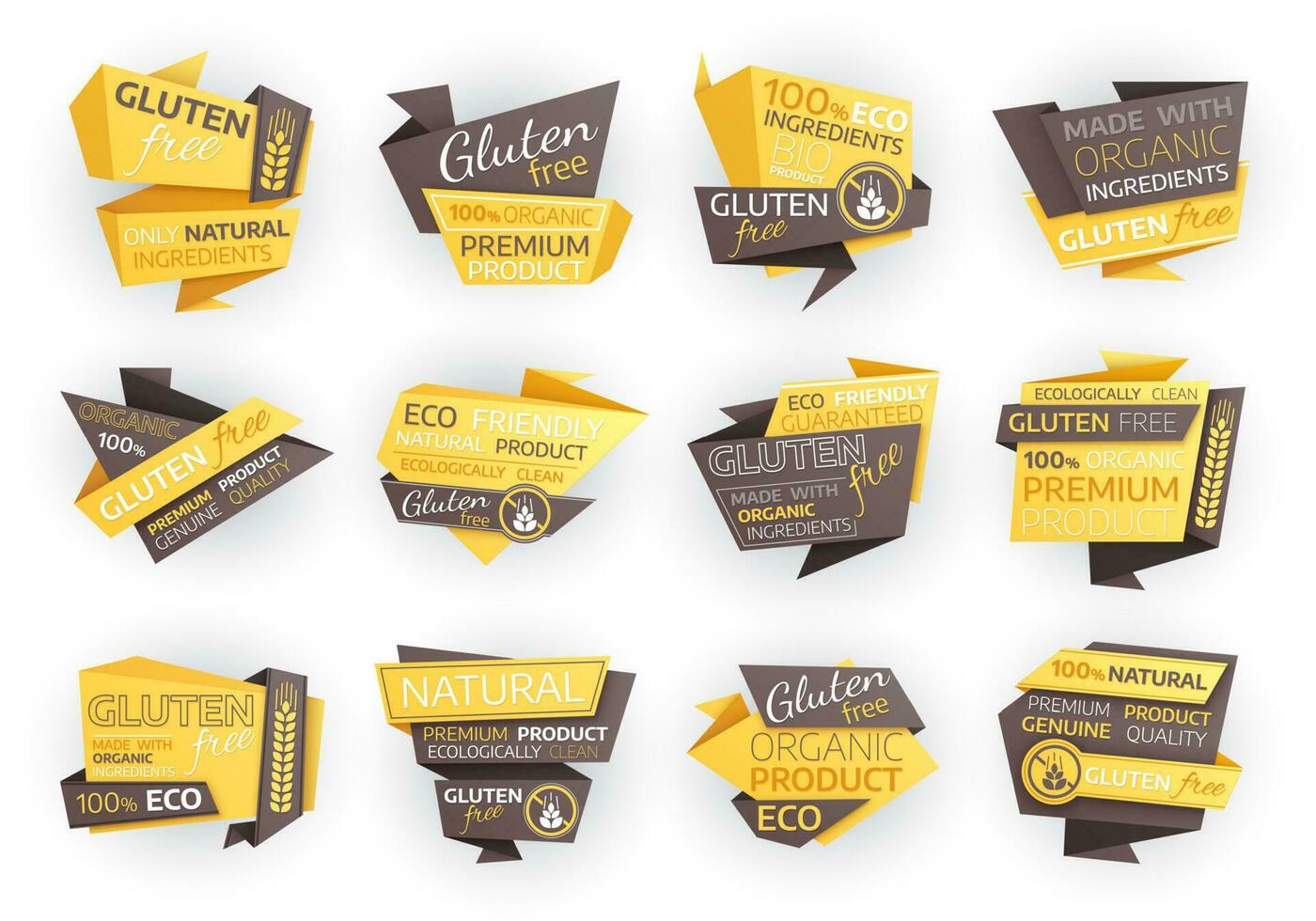 Gluten free food labels, organic natural product vector