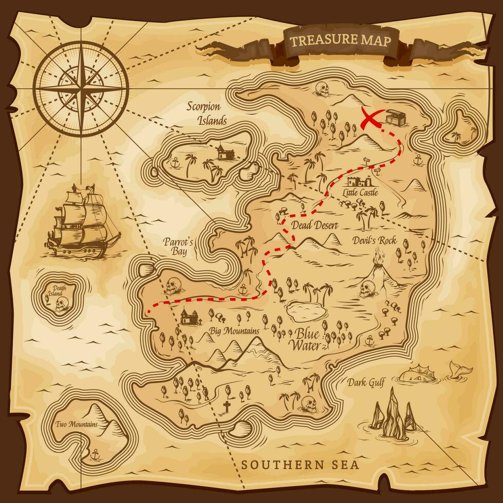 Map treasures paper parchment, pirate treasury vector