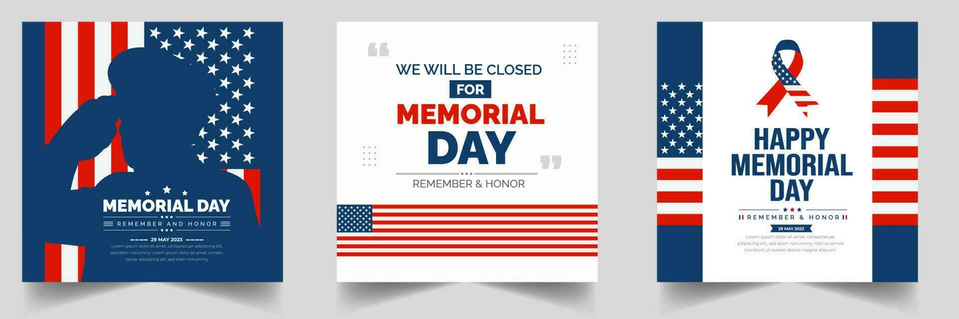 Memorial Day social media post banner set, Background or typography design set. Remember and Honor. National American holiday illustration. Vector Memorial day greeting card or background design.