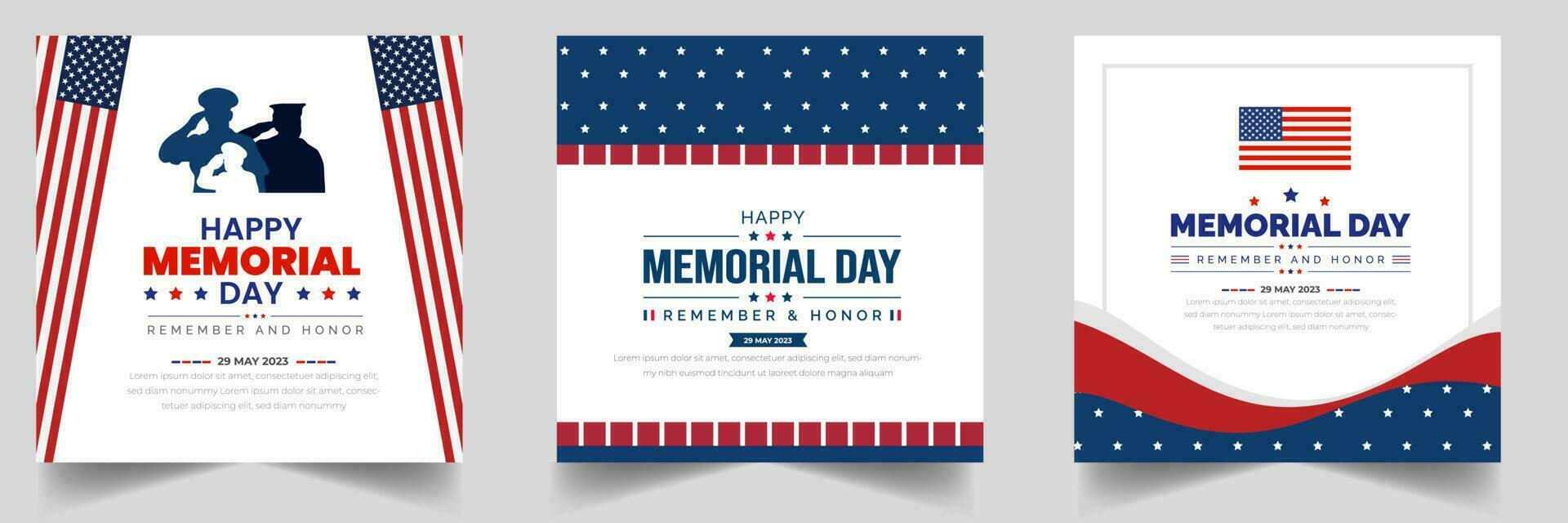 Memorial Day social media post banner set, Background or typography design set. Remember and Honor. National American holiday illustration. Vector Memorial day greeting card or background design.