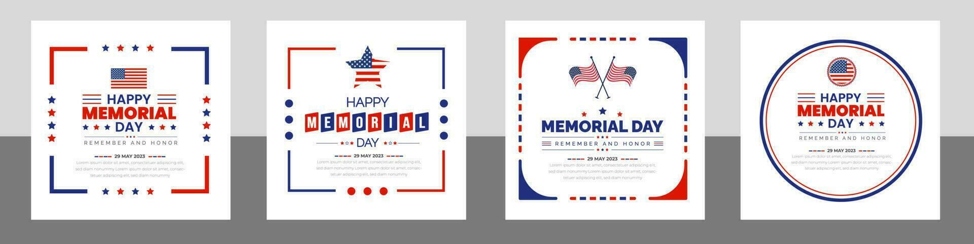 Happy Memorial Day social media post banner, Background or typography design set. Remember and Honor. National American holiday illustration. Vector Memorial day greeting card or background design.