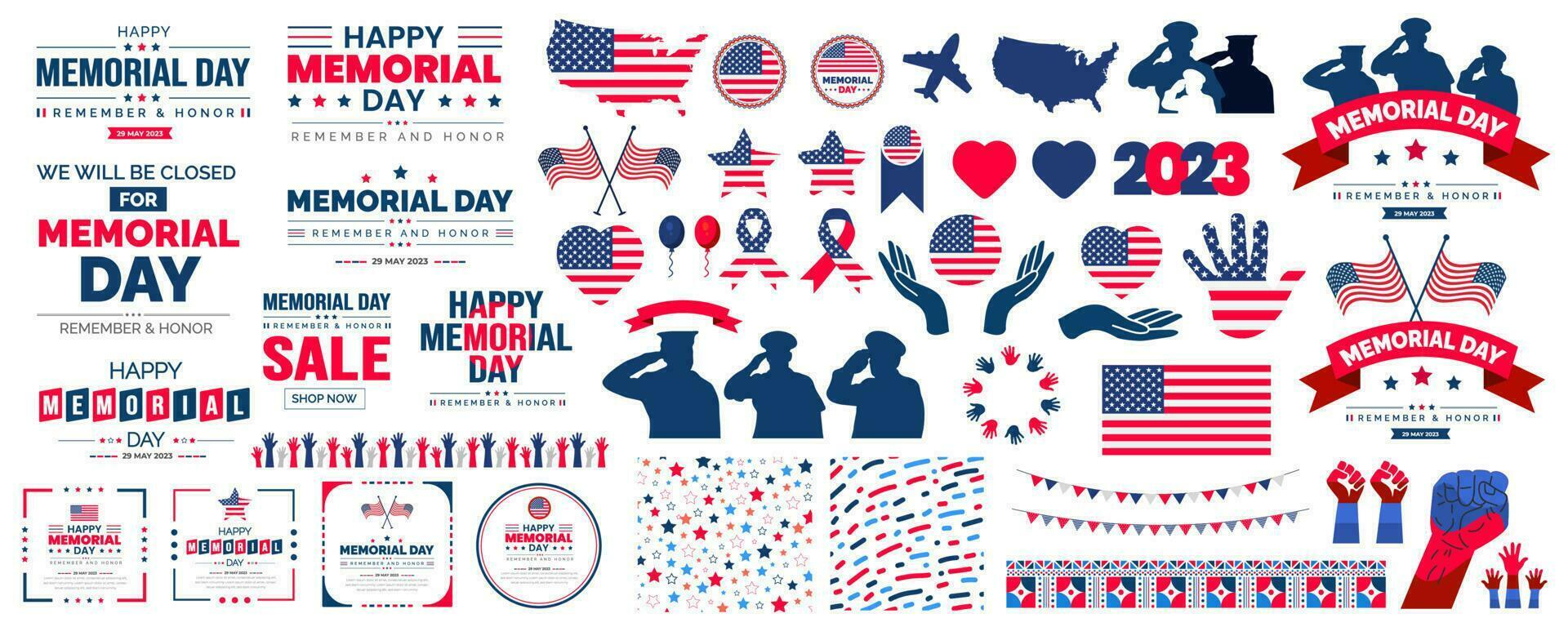 happy memorial day text, typography, usa flag and memorial day elements big set bundle design. USA flag, the Statue of Liberty fireworks, balloons, and many more illustrations in one big bundle. vector