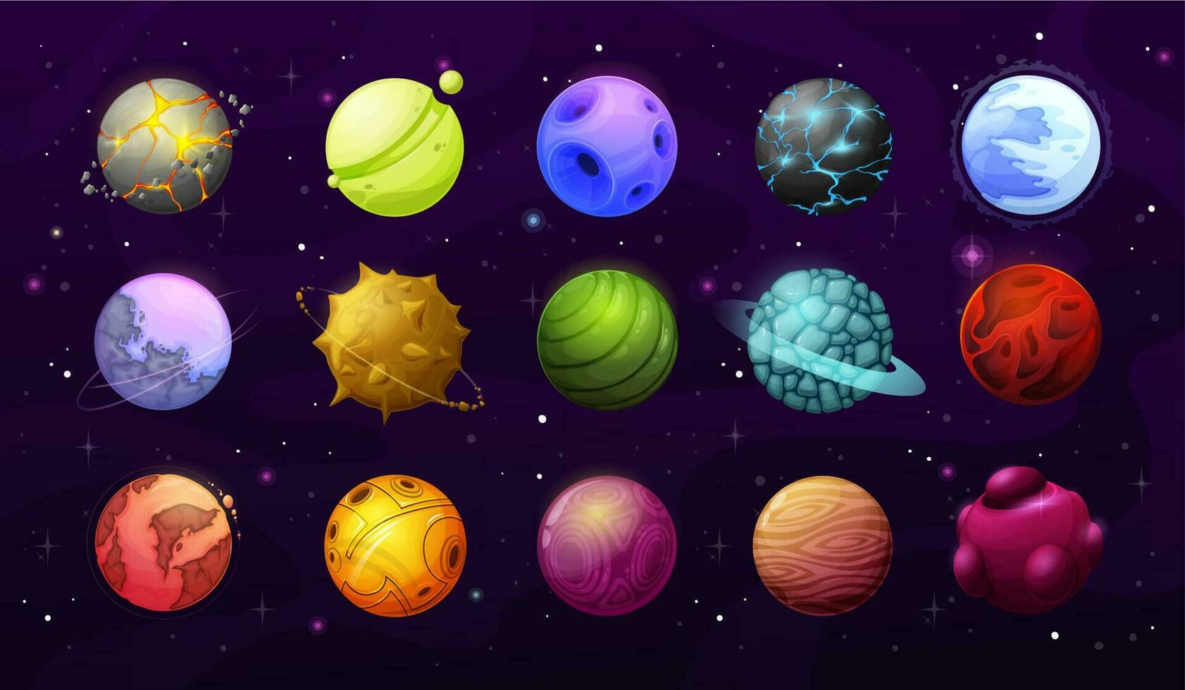 extraterrestre planetas, estrellas, dibujos animados fantasía espacio galaxia vector