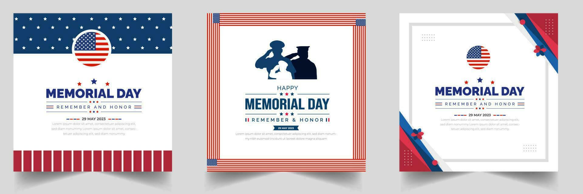 Memorial Day social media post banner set, Background or typography design set. Remember and Honor. National American holiday illustration. Vector Memorial day greeting card or background design.