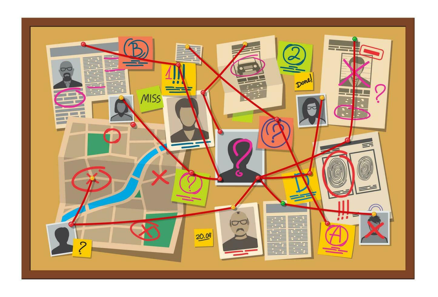 Crime board with pins, evidence detective map vector