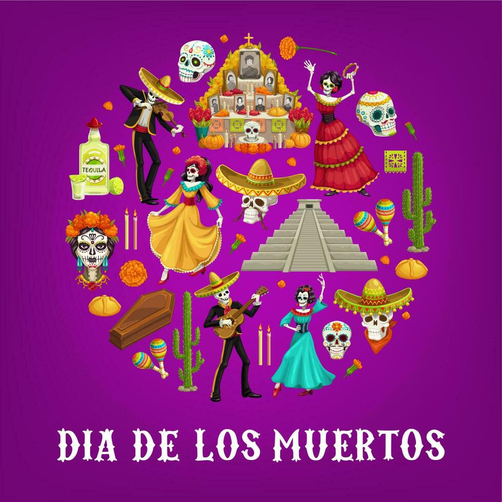Mexican Day of Dead sugar skulls, sombrero, guitar vector