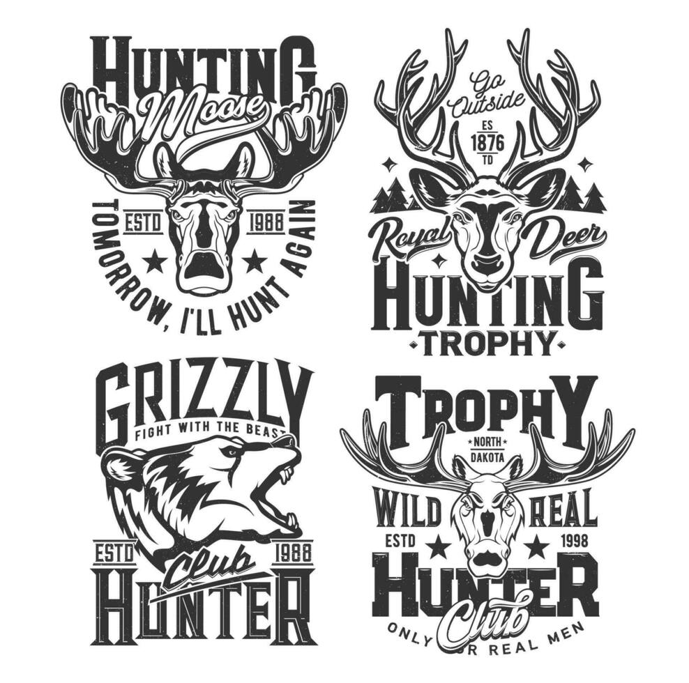Hunting shirt prints, hunt club trophy animals vector