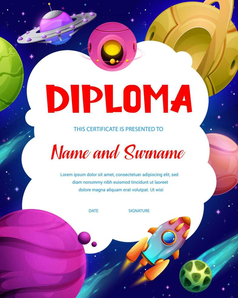 Fantasy space planets and spaceship, kids diploma vector