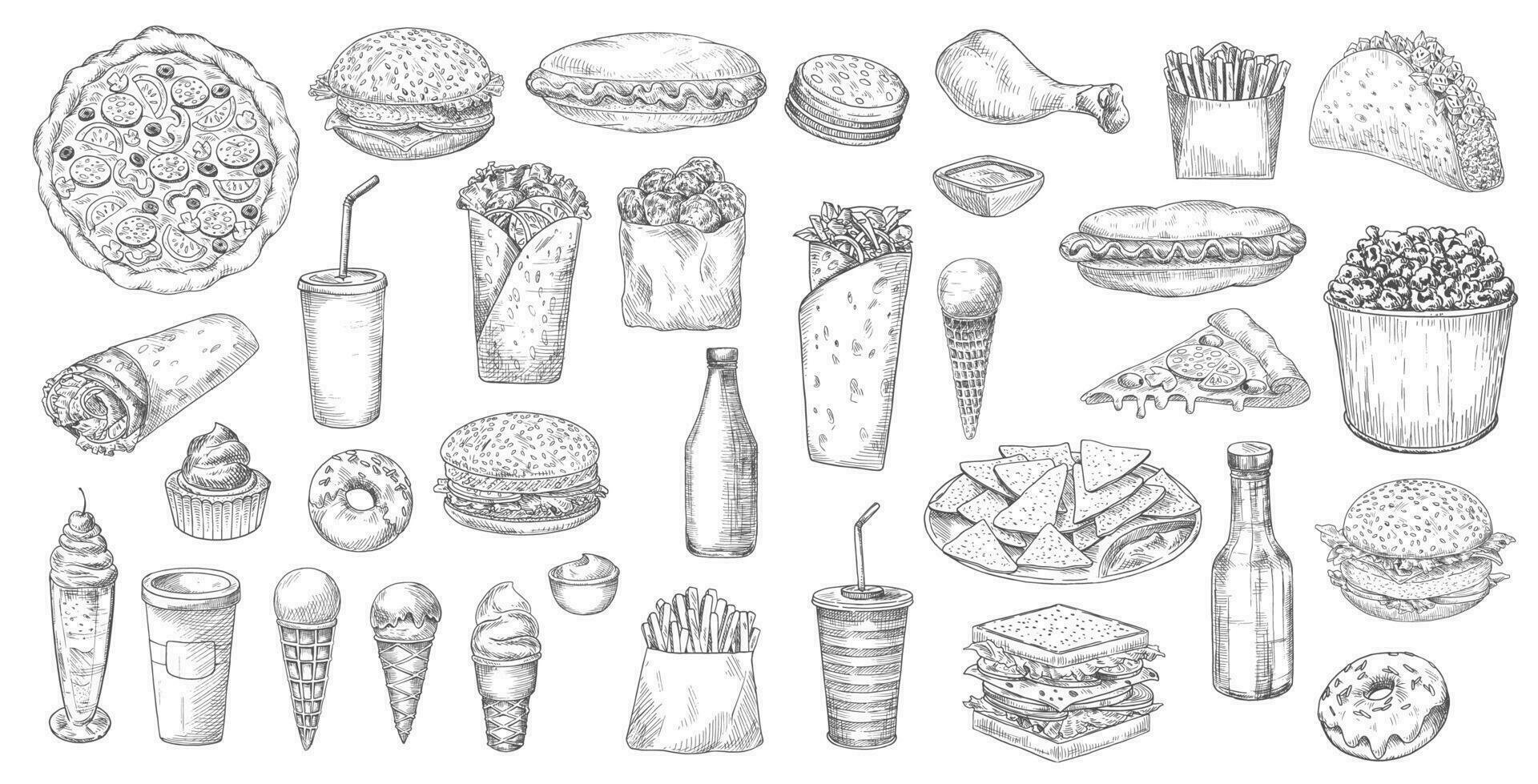 Sketch fast food, junk street fastfood meals set vector