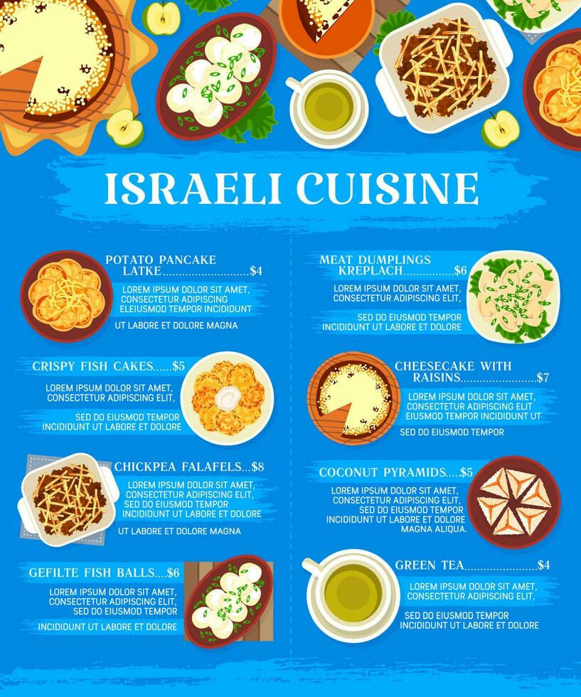 Israeli cuisine meals menu page vector template