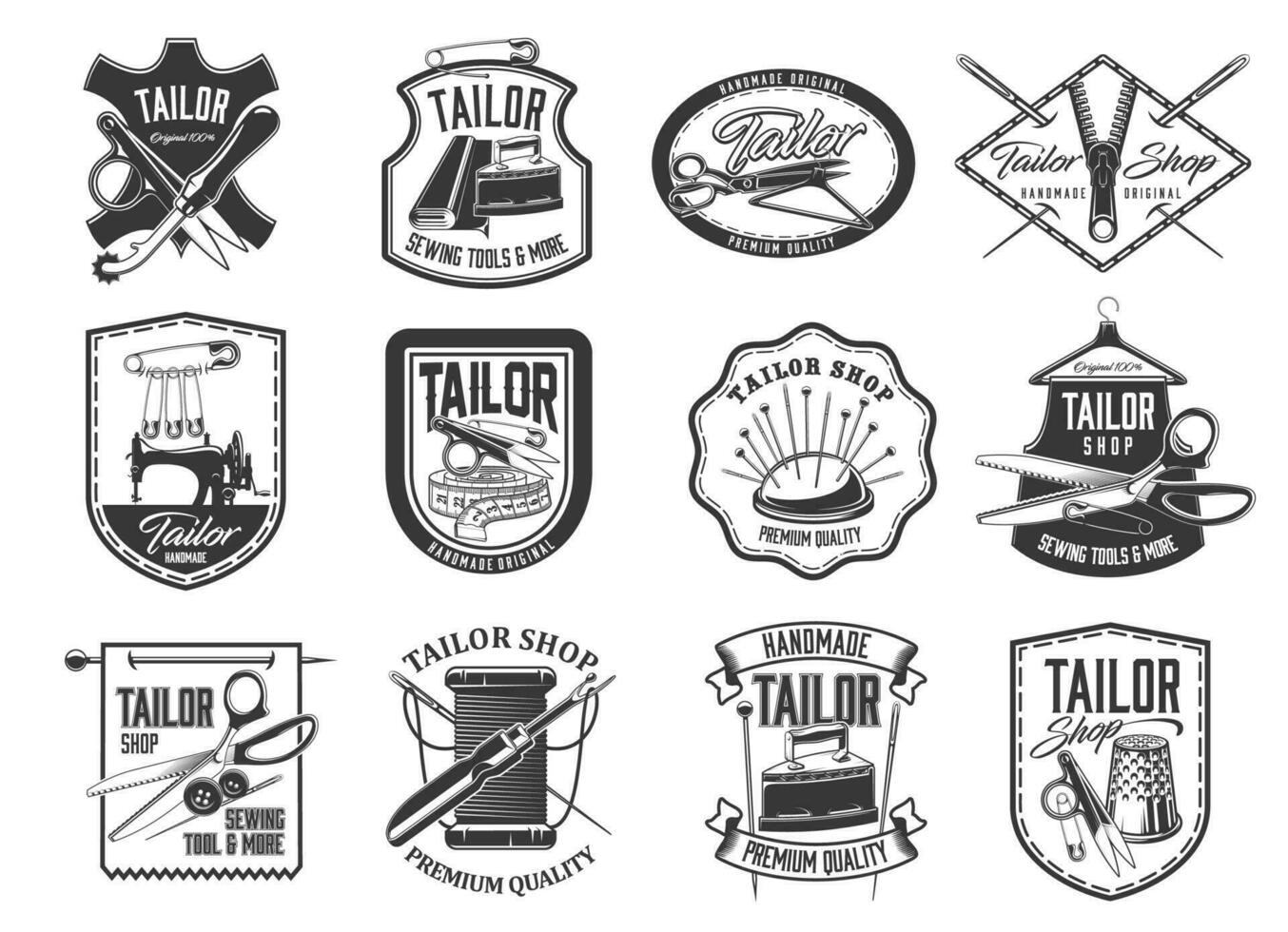 Tailor shop and seamstress service retro icons set vector