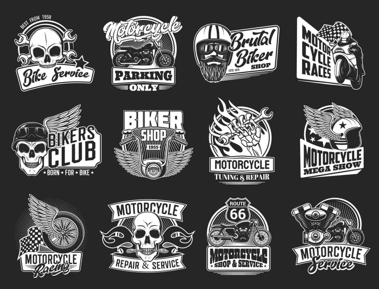 Motorcycle isolated icons, biker club, motorsport vector