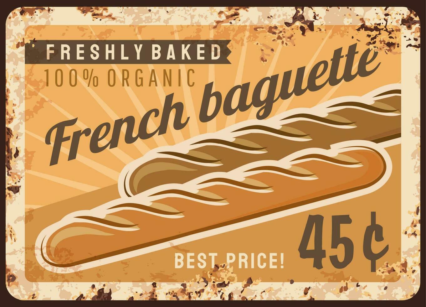 Bread baguette metal rusty plate, bakery shop menu vector