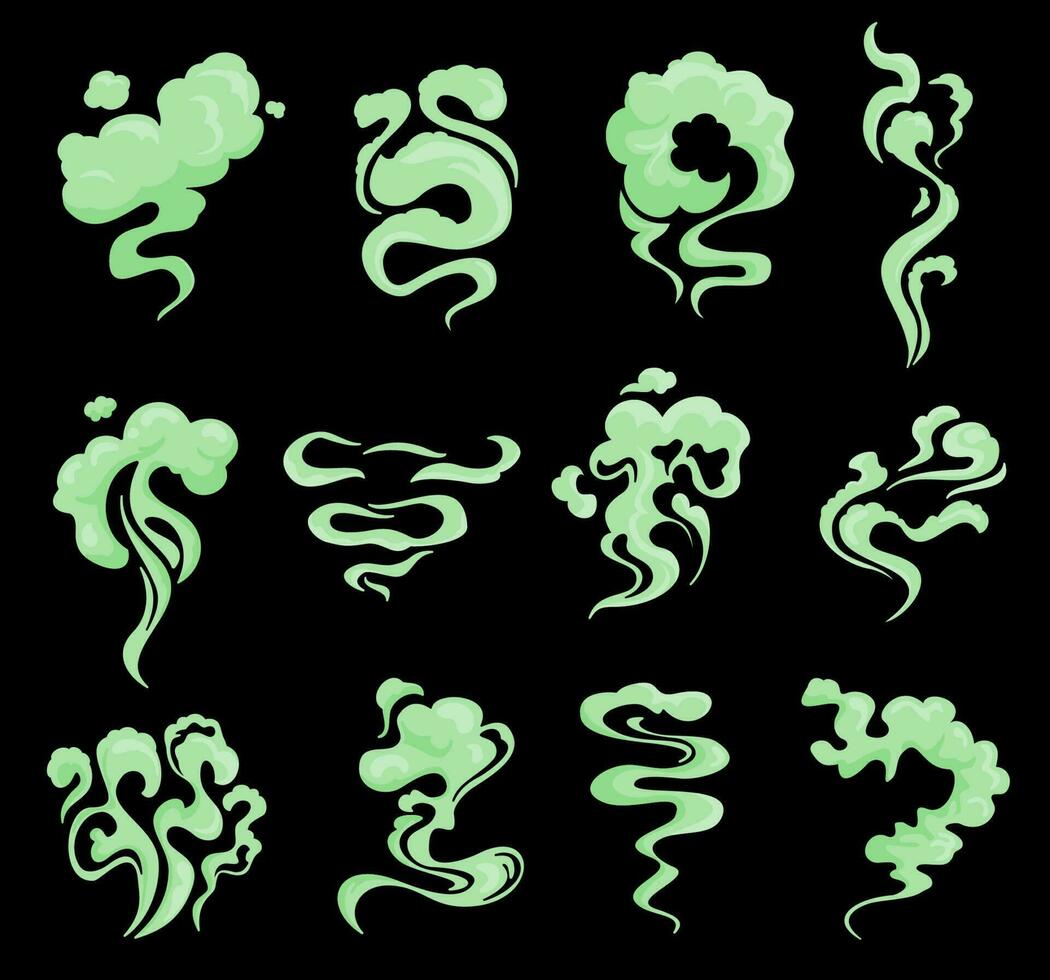 Cartoon green bad smell, smoke or toxic clouds vector