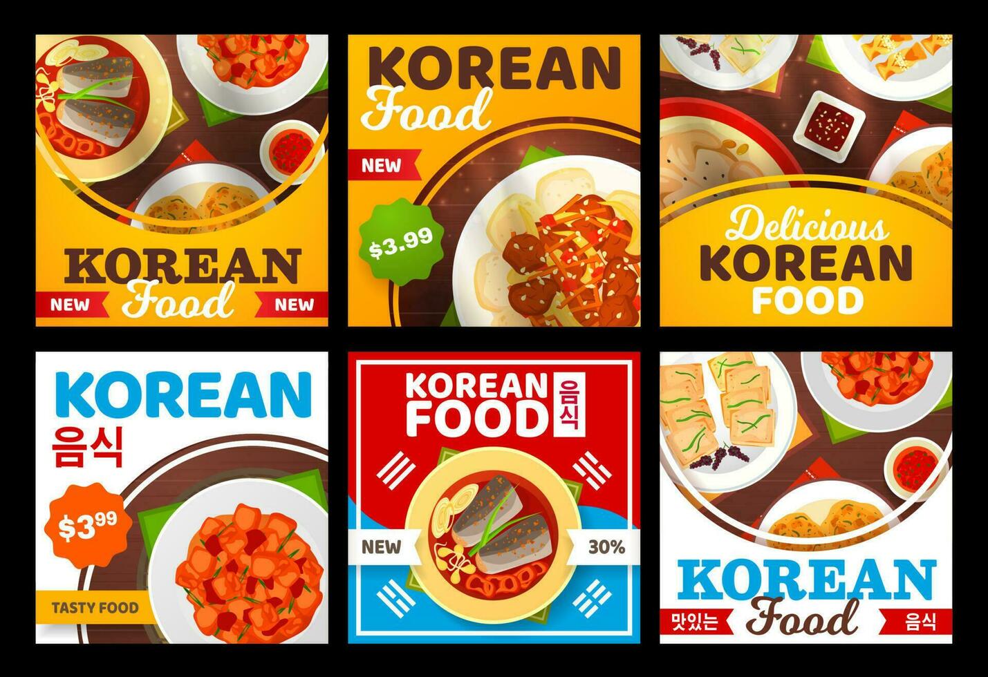 Korean cuisine food menu, Asian restaurant dishes vector