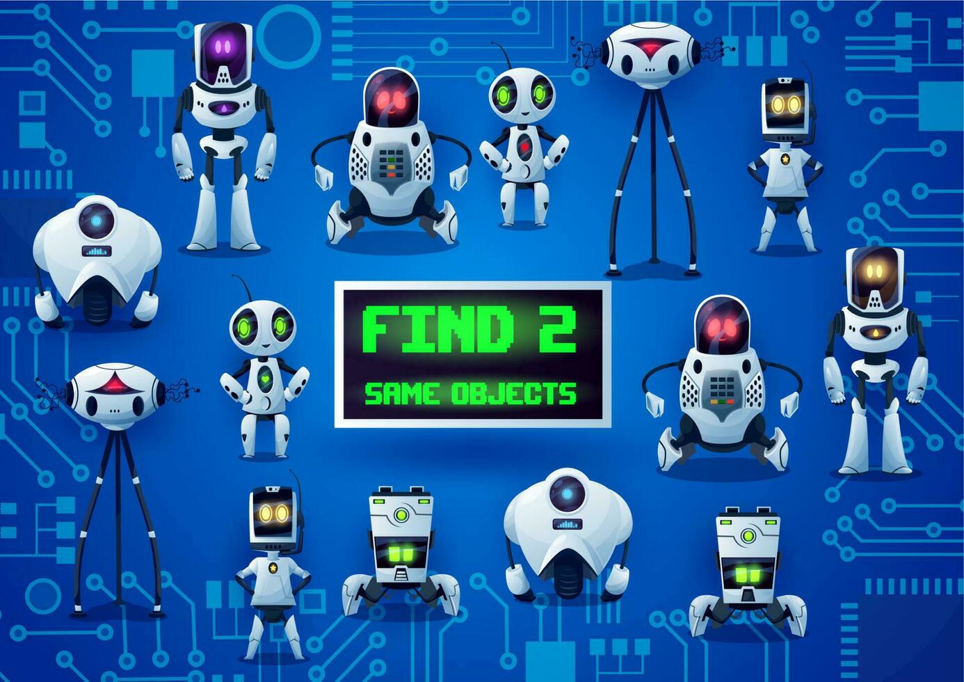 Find two same robots game, cartoon droids riddle vector