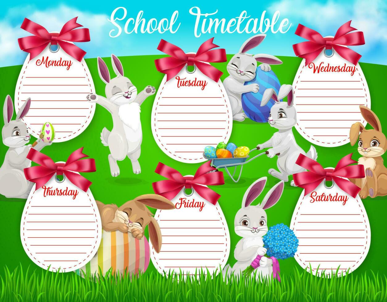 educación colegio calendario dibujos animados Pascua de Resurrección conejitos vector